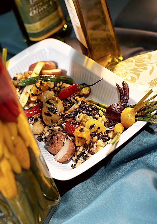 Roasted vegetables served in a white dish