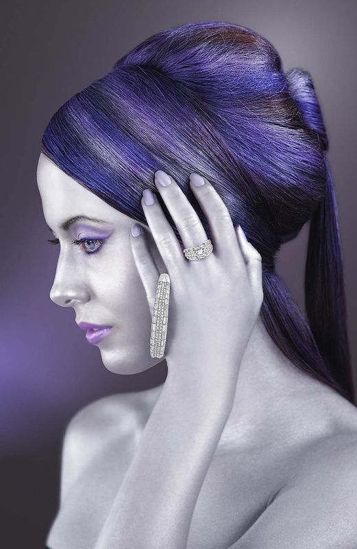 Beauty portrait with violet hair and painted skin