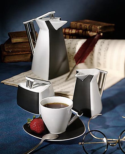 Coffee service on a blue tablecloth